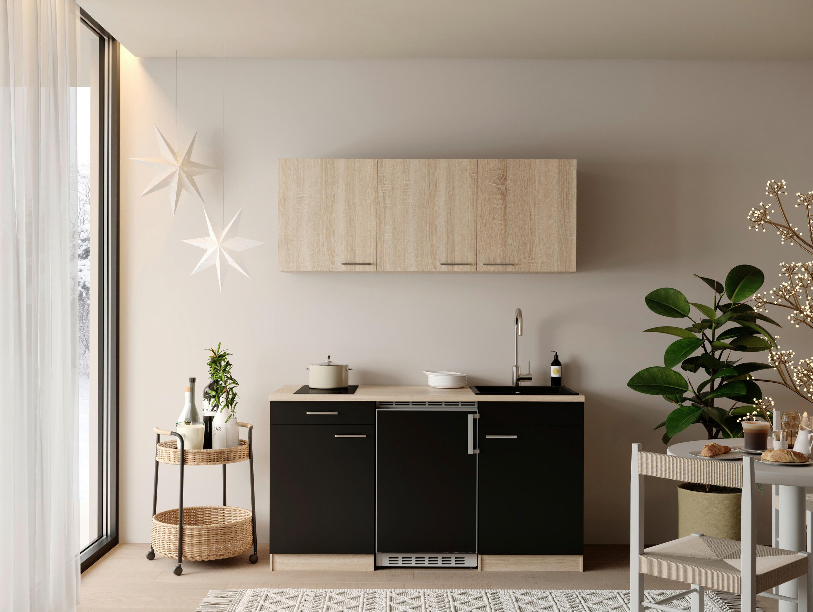 MAJHNA KUHINJA - črna/barve hrasta, Design, umetna masa/leseni material (150cm) - Respekta