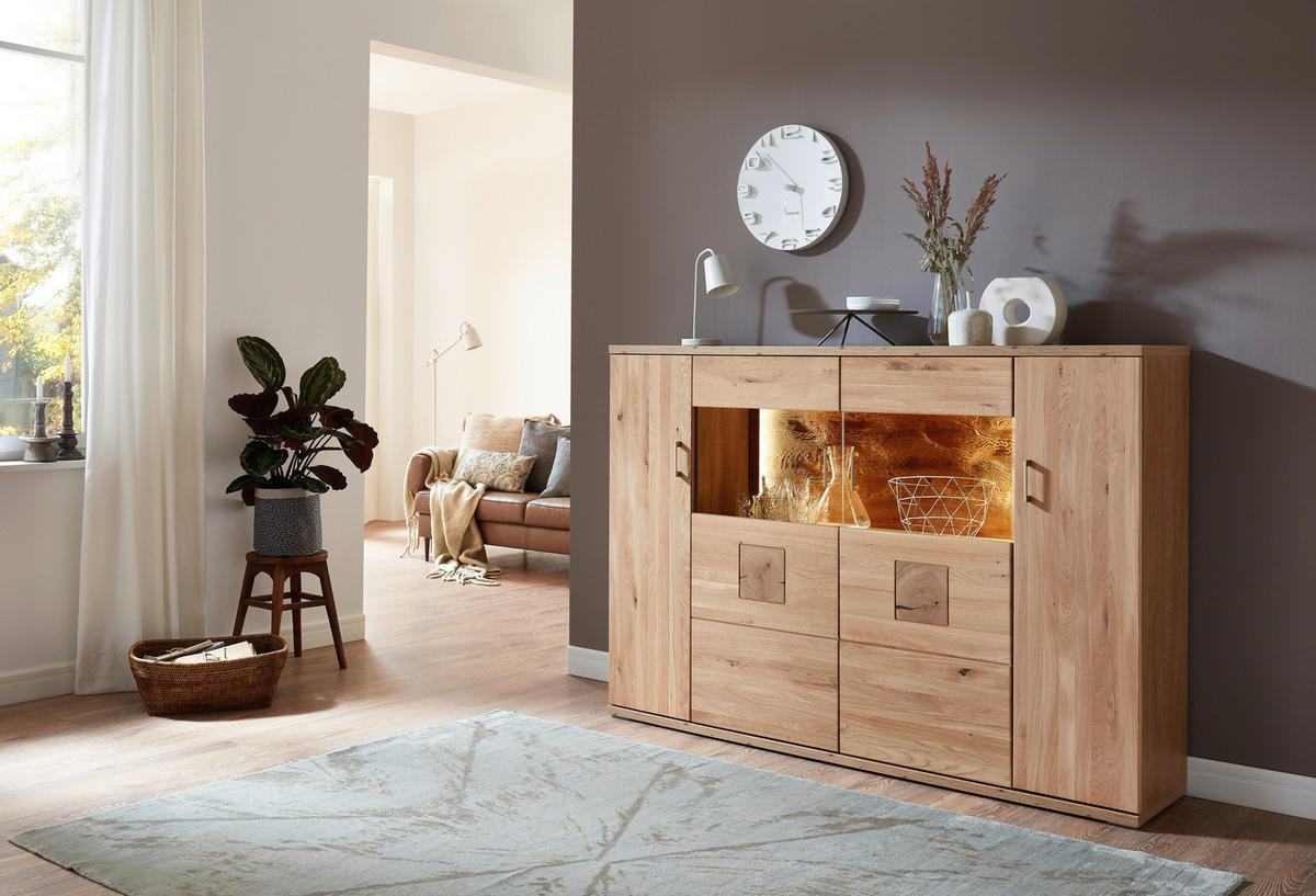 HIGHBOARD  in 180/124,6/37,4 cm  - Alteiche/Silberfarben, Konventionell, Glas/Holz (180/124,6/37,4cm) - Livetastic