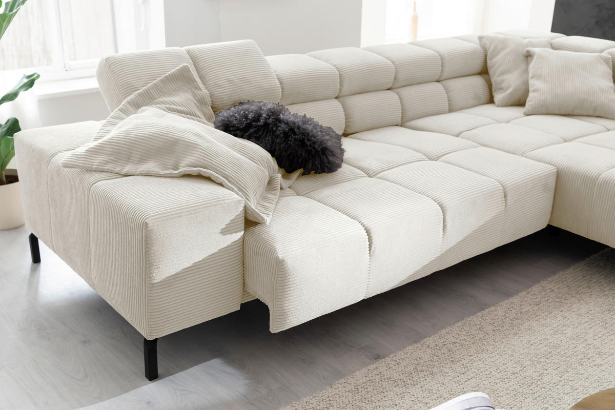 ECKSOFA inkl. Sitzvorzug Creme Cord  - Creme/Schwarz, Design, Textil/Metall (321/216cm) - Hom`in