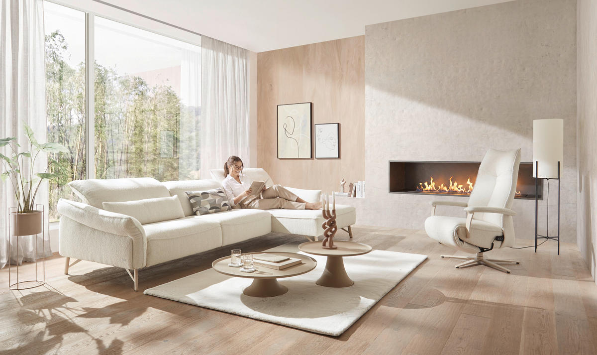 ECKSOFA Creme Chenille Rücken echt  - Beige/Creme, Design, Textil/Metall (329/165cm) - Johann Jakob