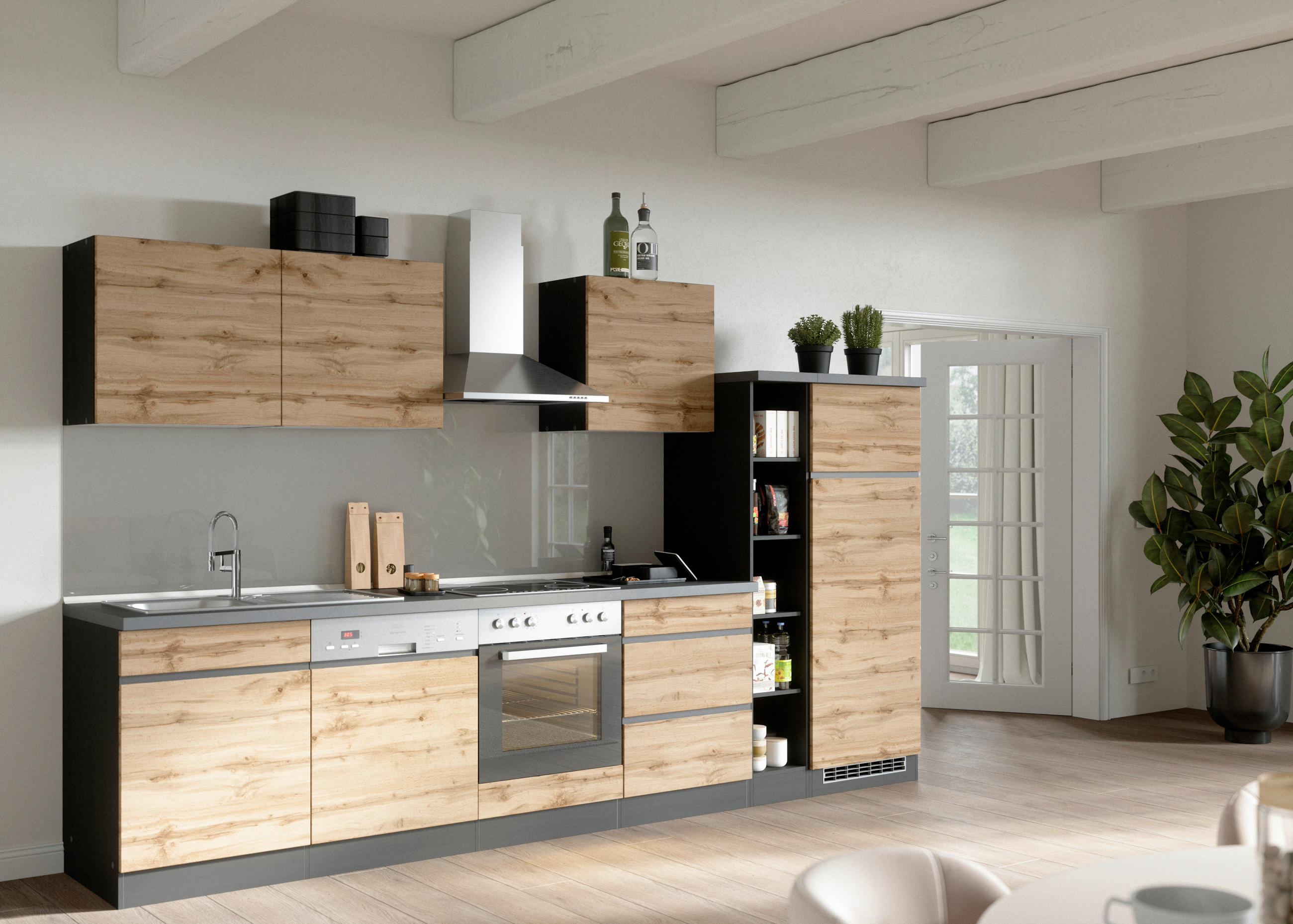 Küchenzeile Turin Mit Geräte B: 330 Cm Graphit/eiche Dekor