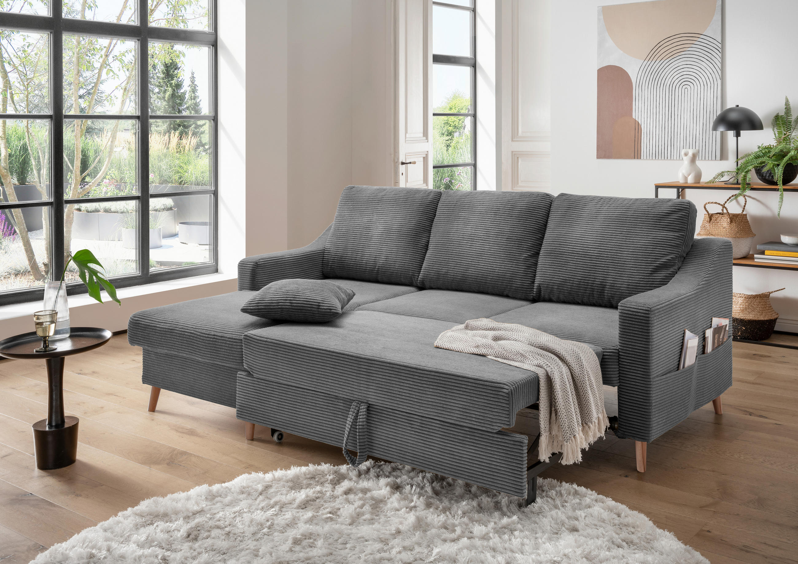 ECKSOFA in Cord Grau  - Naturfarben/Grau, Design, Holz/Textil (150/228cm) - P & B