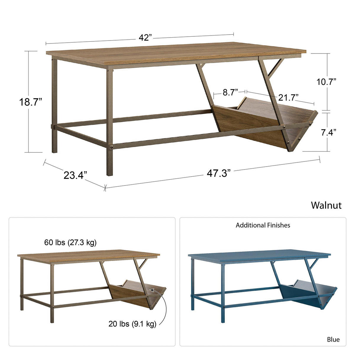 COUCHTISCH NG 105/47/58 cm rechteckig Messingfarben, Walnussfarben  - Messingfarben/Walnussfarben, Design, Holzwerkstoff/Metall (105/47/58cm) - MID.YOU