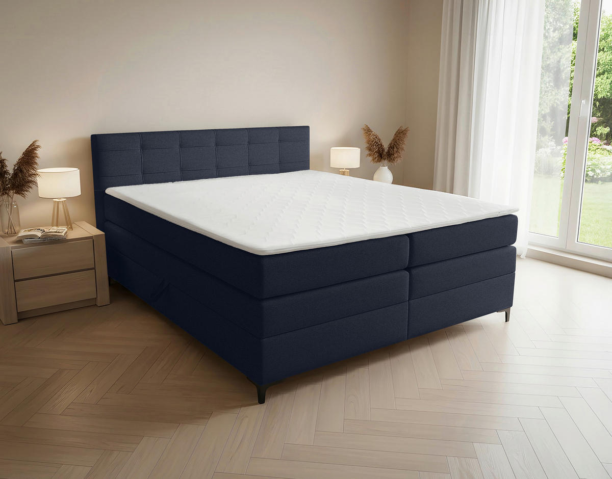 BOXSPRINGBETT 140/200 cm,  in Dunkelblau, H3 = fest  - Schwarz/Dunkelblau, KONVENTIONELL, Kunststoff/Textil (140/200cm)