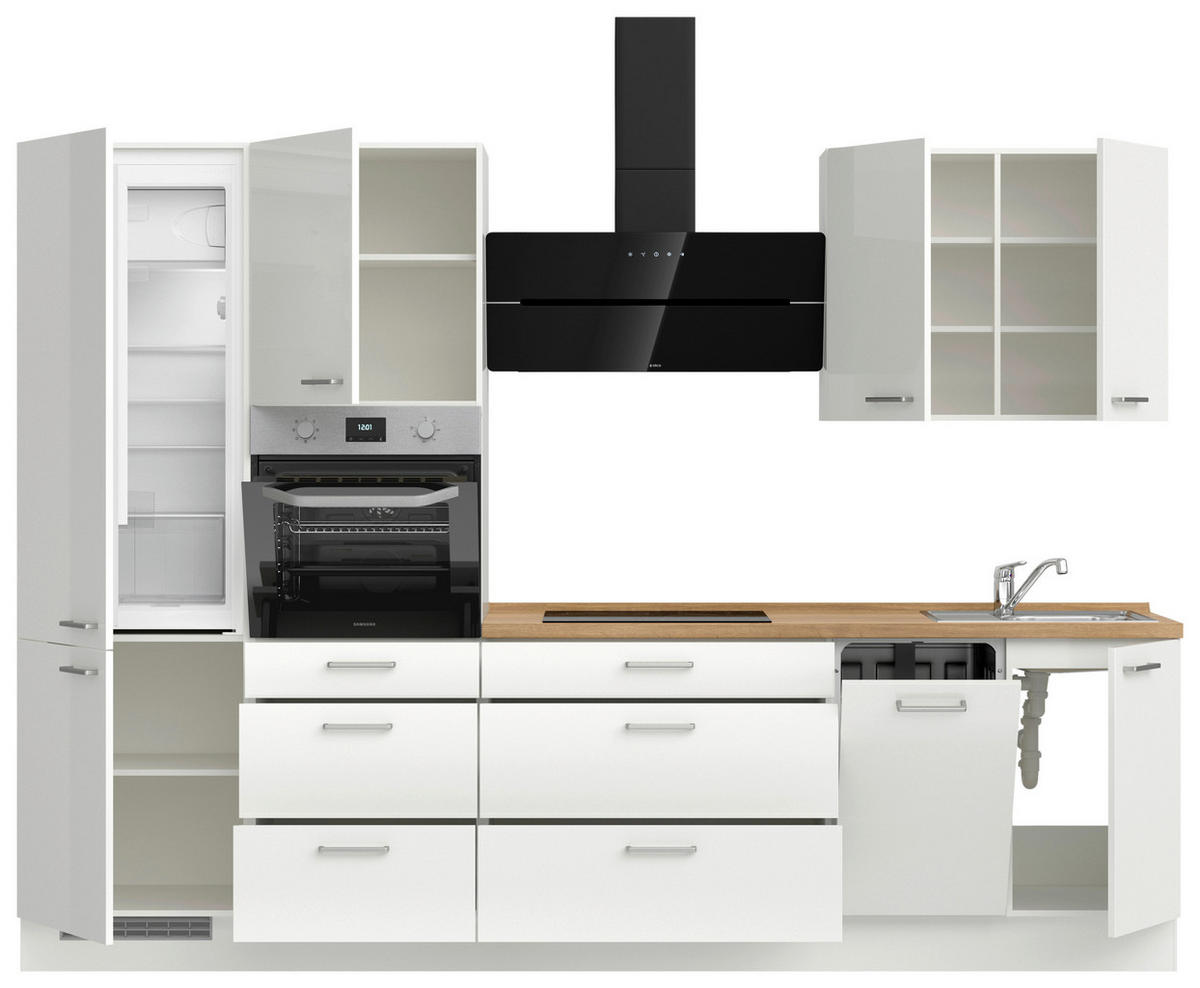 KÜCHENLEERBLOCK 300 cm   in Eichefarben, Weiß Hochglanz  - Edelstahlfarben/Eichefarben, MODERN, Holzwerkstoff/Metall (300cm) - Nobilia