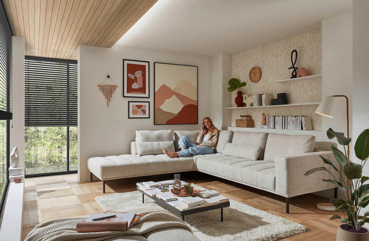 ECKSOFA in Flachgewebe Creme  270/308 cm  - Creme/Schwarz, Design, Textil/Metall (270/308cm) - Pure Home Lifestyle