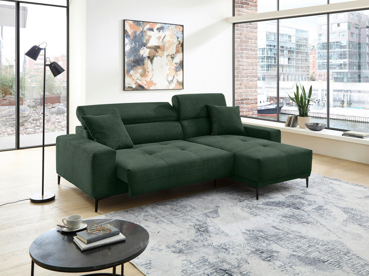 ECKSOFA ORIO Dunkelgrün Cord Zierkissen, Kopfteilverstellung, Sitzvorzug  - Dunkelgrün/Schwarz, Basics, Textil/Metall (250/183cm) - Livetastic