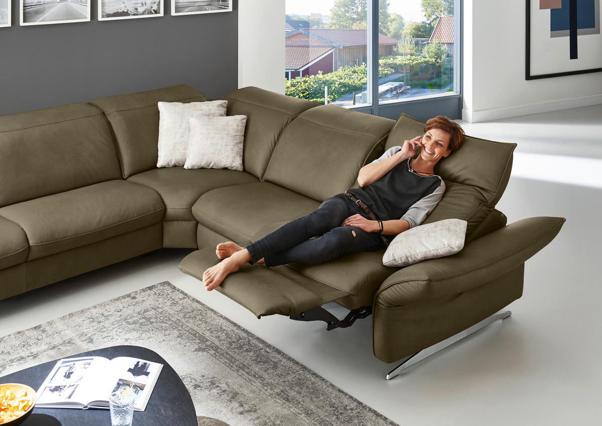 ECKSOFA in Echtleder Mokka  - Edelstahlfarben/Mokka, Design, Leder/Metall (258/292cm) - Hukla