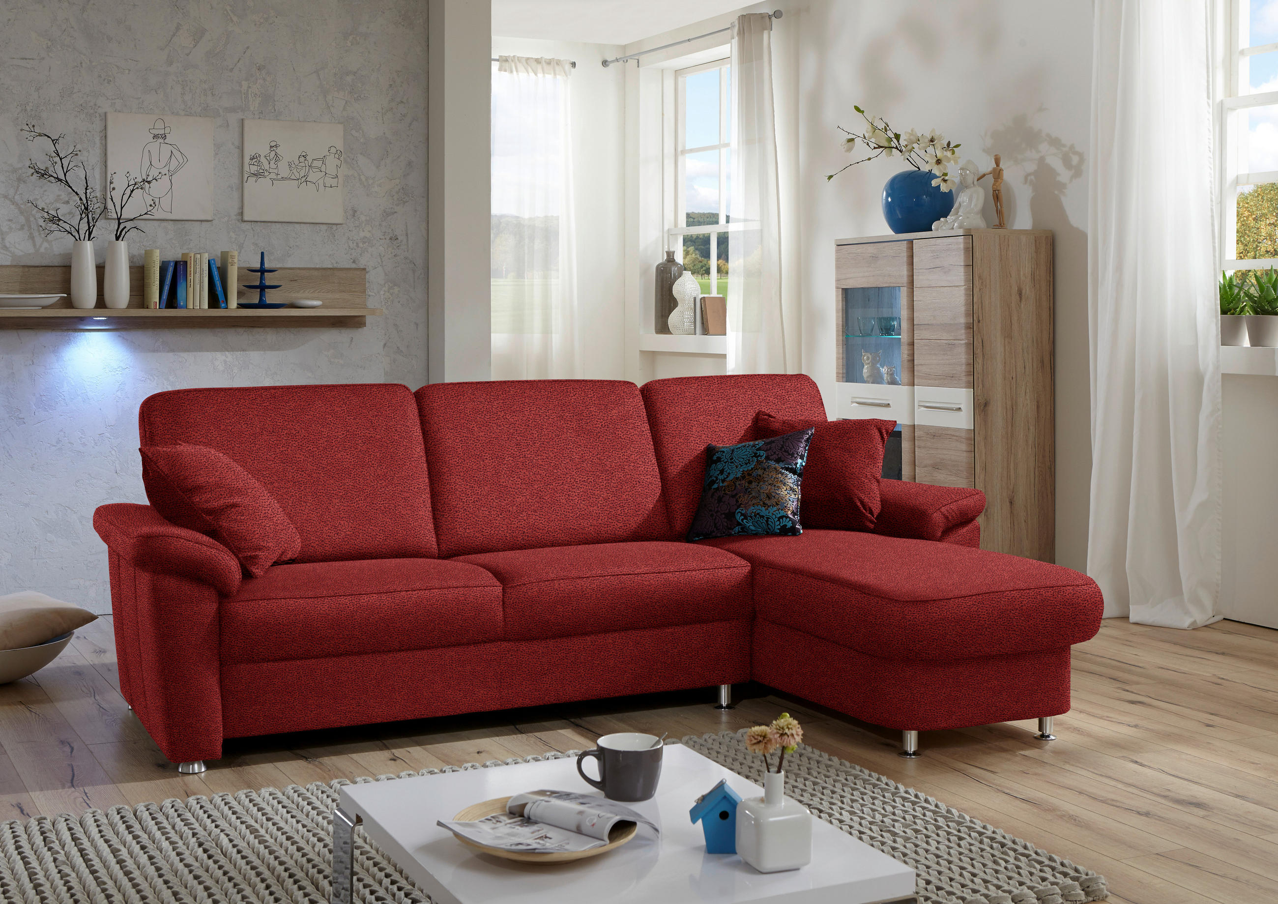 ECKSOFA in Flachgewebe Rot  - Chromfarben/Rot, Konventionell, Textil/Metall (250/163cm) - Beldomo System