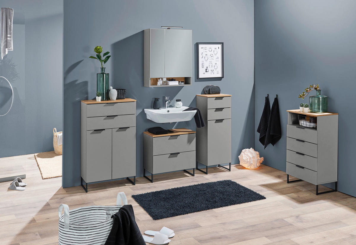 MIDISCHRANK 38/106/32 cm  - Eichefarben/Schwarz, KONVENTIONELL, Holzwerkstoff/Metall (38/106/32cm) - home24