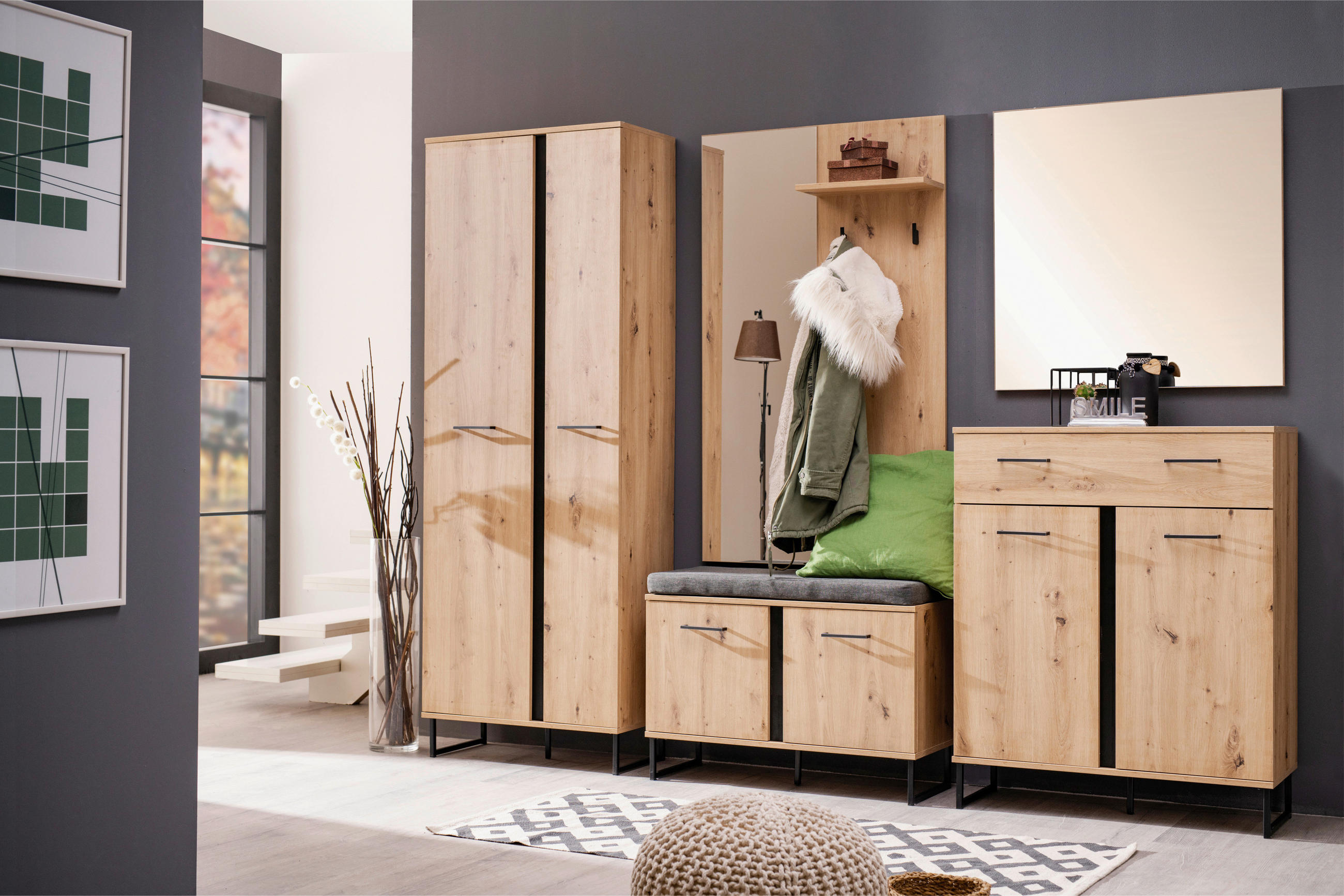 GARDEROBE 5-teilig  in 260/194,5/35 cm  - Schwarz/Eiche Artisan, Basics, Holzwerkstoff (260/194,5/35cm) - Carryhome