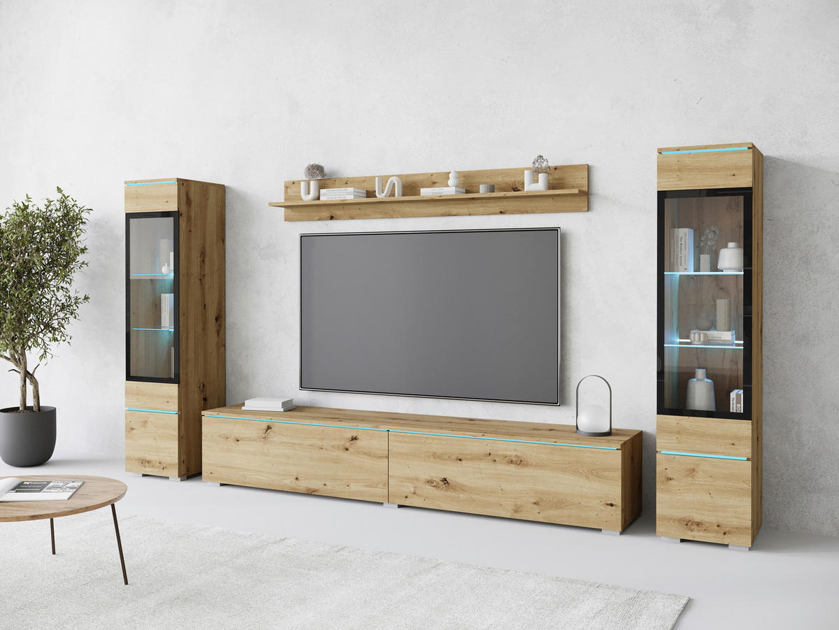 WOHNWAND 4-teilig  in Eiche Artisan 240/130/33 cm  - Eiche Artisan/Grau, Basics, Glas/Holzwerkstoff (240/130/33cm) - Livetastic