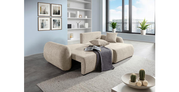 ECKSOFA Beige Flachgewebe Zierkissen, Rückenkissen, Bettkasten, Schlaffunktion, Rücken echt, Liegefläche im Originalstoff  - Beige/Schwarz, KONVENTIONELL, Kunststoff/Textil (250/145cm) - Carryhome