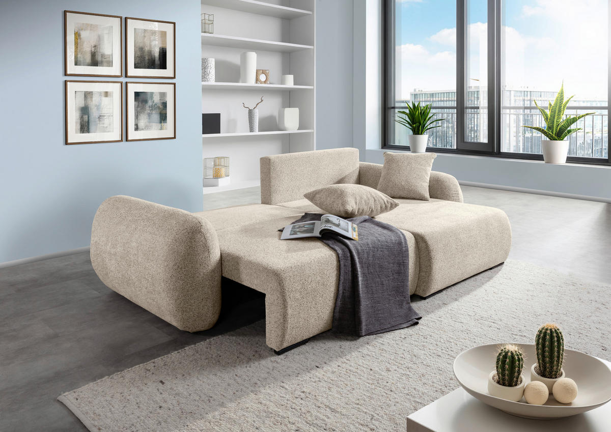 ECKSOFA Beige Flachgewebe Zierkissen, Rückenkissen, Bettkasten, Schlaffunktion, Rücken echt, Liegefläche im Originalstoff  - Beige/Schwarz, KONVENTIONELL, Kunststoff/Textil (250/145cm) - Carryhome