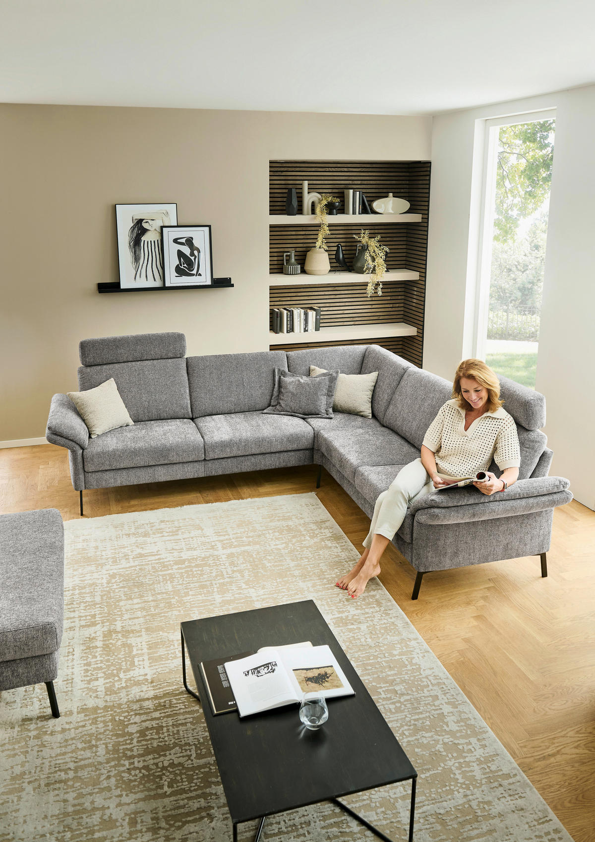 ECKSOFA Platinfarben Flachgewebe  - Platinfarben/Schwarz, KONVENTIONELL, Textil/Metall (273/253cm) - Pure Home Comfort
