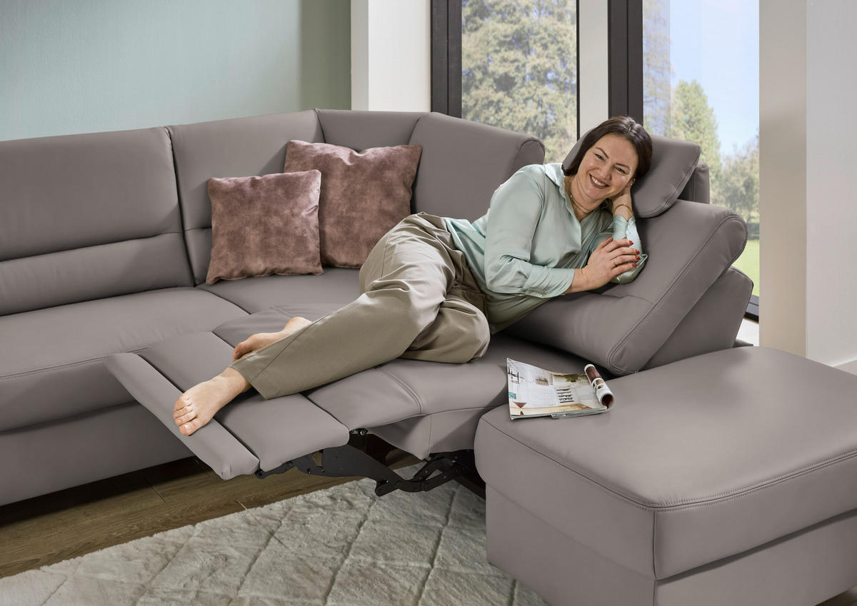 ECKSOFA Echtleder Hellgrau  - Hellgrau/Schwarz, Konventionell, Leder/Metall (290/249cm) - Beldomo Premium