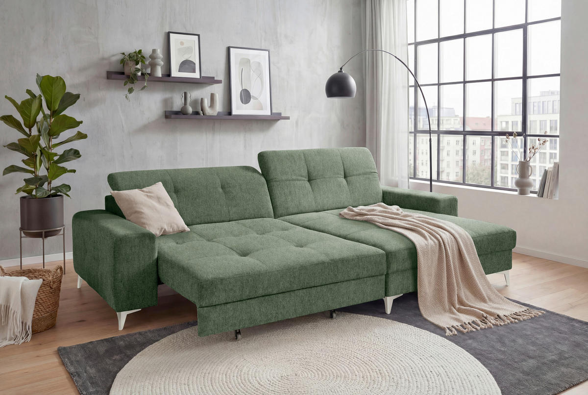 ECKSOFA Mikrovelours Dunkelgrün  - Kaschmir/Dunkelgrün, Design, Kunststoff/Textil (328/182cm) - MID.YOU