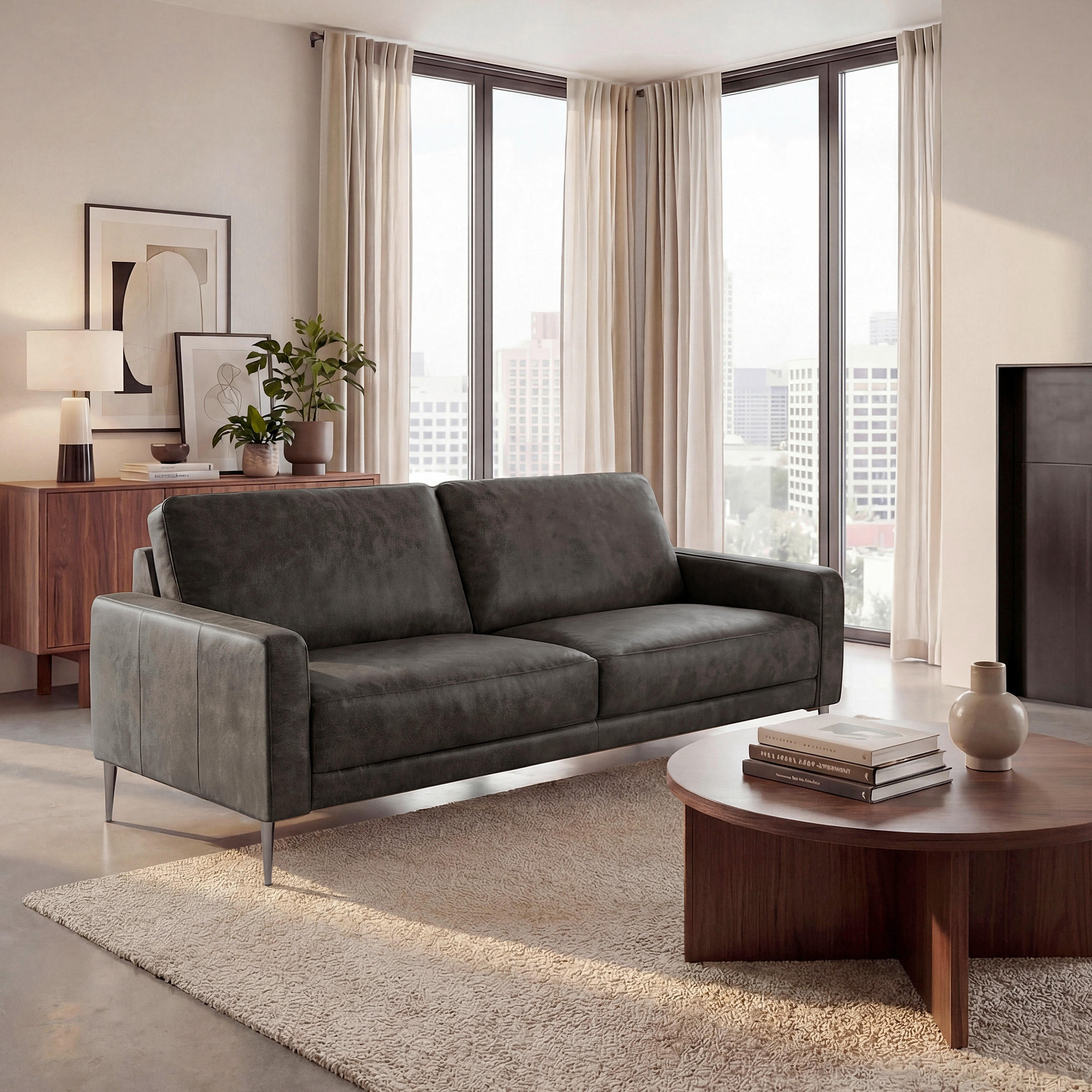 2-SITZER-SOFA SPRING in Lederlook Echtleder Dunkelgrau  - Dunkelgrau/Schwarzchrom, Design, Leder/Textil (157/85/92cm) - Livetastic
