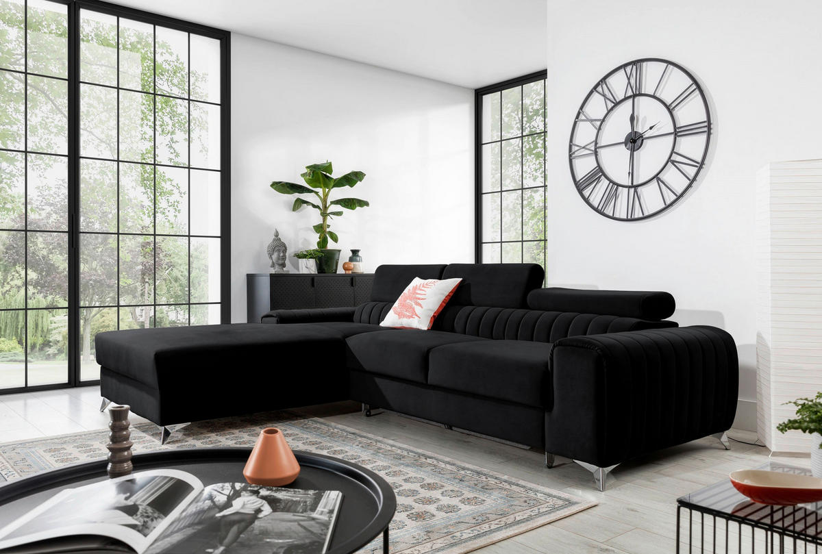 ECKSOFA Schwarz Samt  - Silberfarben/Schwarz, Design, Textil/Metall (205/278cm) - MID.YOU