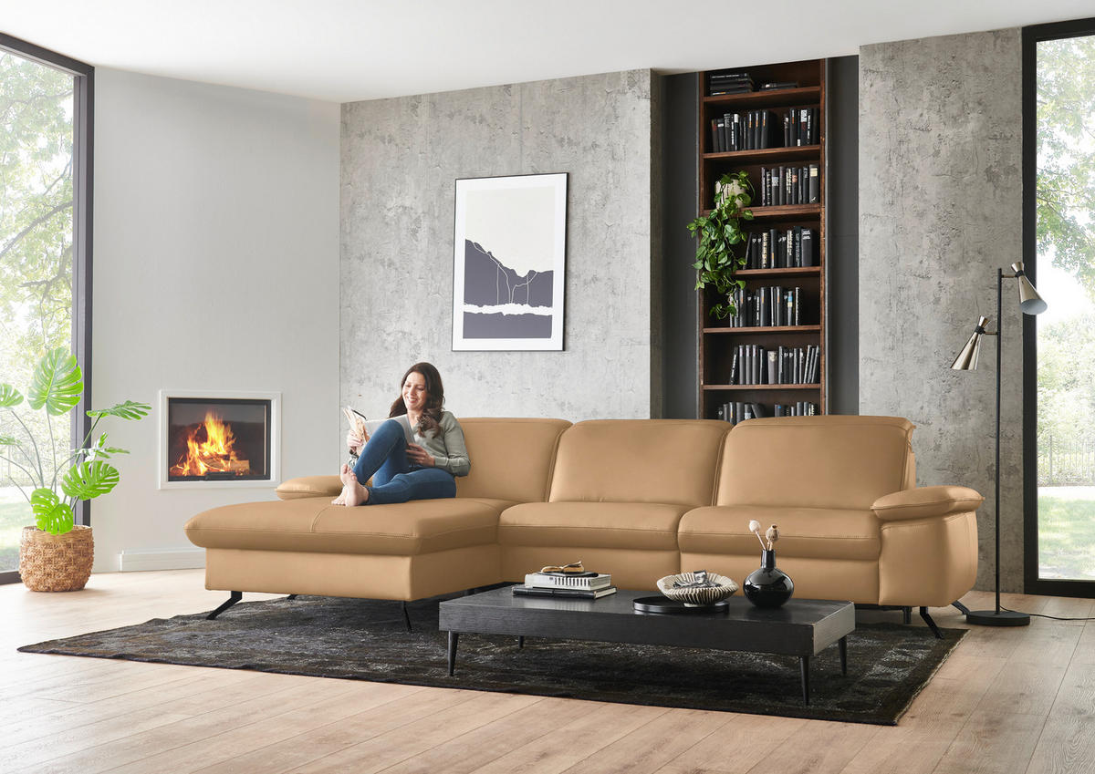 ECKSOFA  Echtleder Honig  - Schwarz/Honig, Design, Leder/Metall (169/307cm) - Beldomo Premium