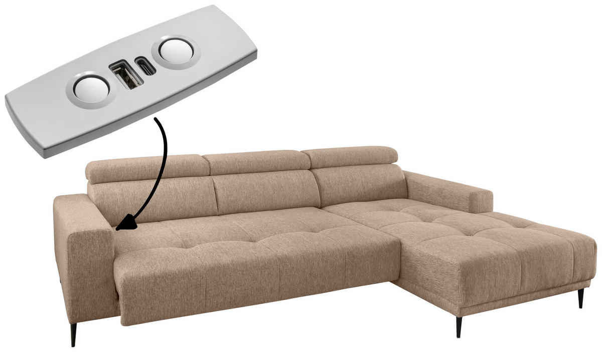 ECKSOFA Hellbraun Chenille  - Hellbraun/Schwarz, KONVENTIONELL, Textil/Metall (276/188cm) - Livetastic
