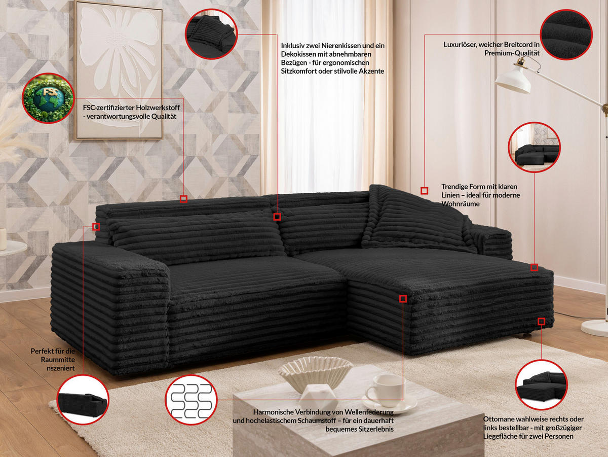 ECKSOFA Curduroy in Cord Anthrazit Rückenkissen  251/142 cm  - Anthrazit/Schwarz, Design, Kunststoff/Textil (251/142cm) - P & B