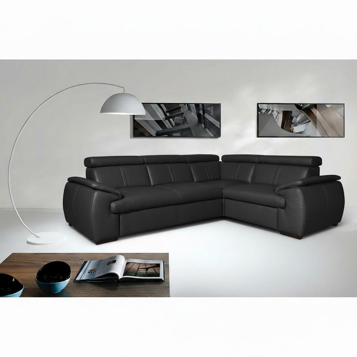 ECKSOFA  in Echtleder Schwarz  265/193 cm  - Wengefarben/Schwarz, Design, Leder/Holz (265/193cm) - Livetastic