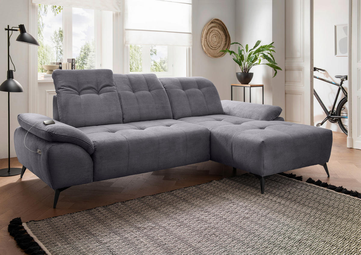 ECKSOFA FIORE Grau Cord Kopfteilverstellung, Sitzvorzug  - Schwarz/Grau, MODERN, Textil/Metall (280/180cm) - Livetastic