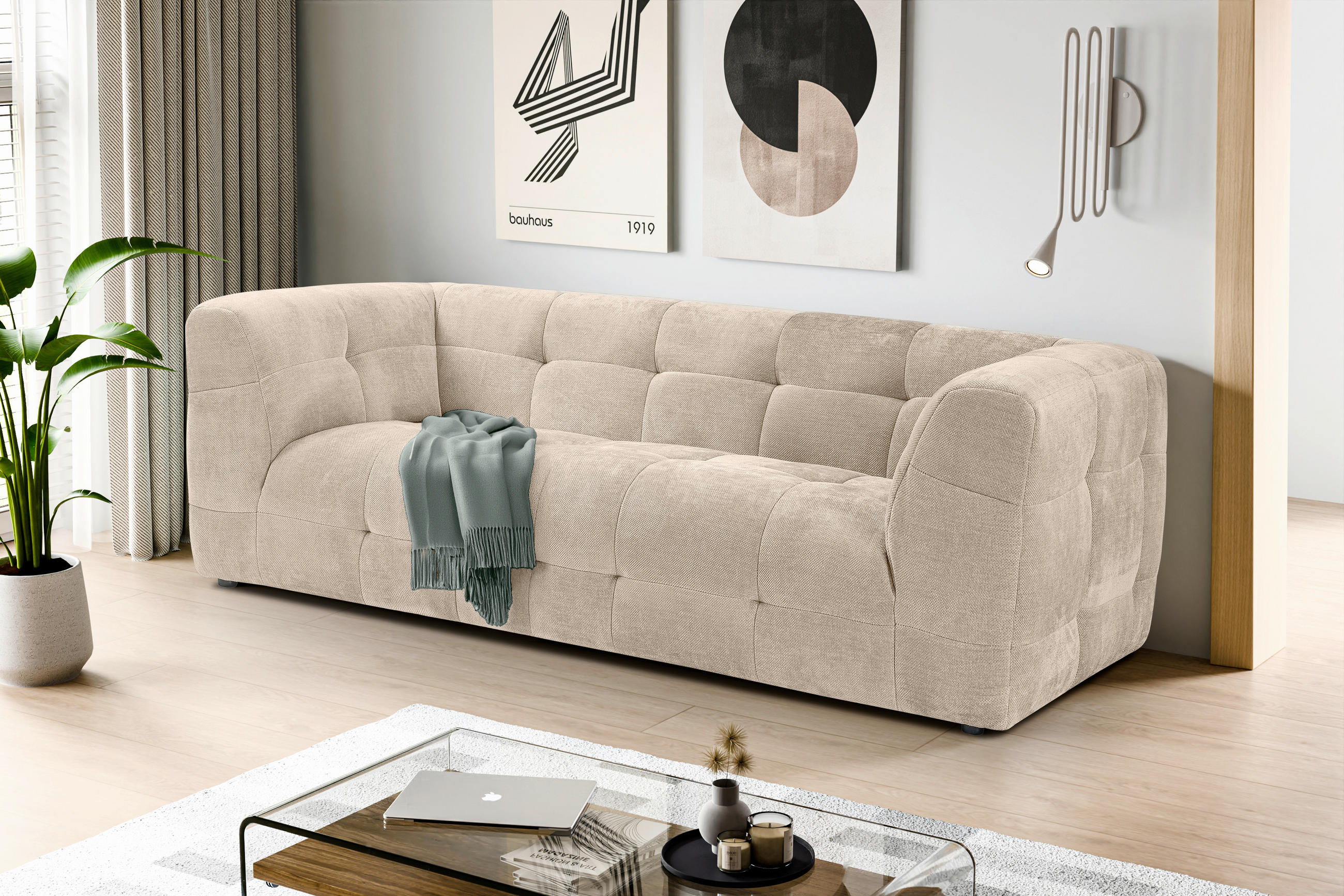 3-SITZER-SOFA TENSO Flachgewebe Beige  - Beige/Schwarz, Basics, Kunststoff/Textil (217/72/96cm) - MID.YOU