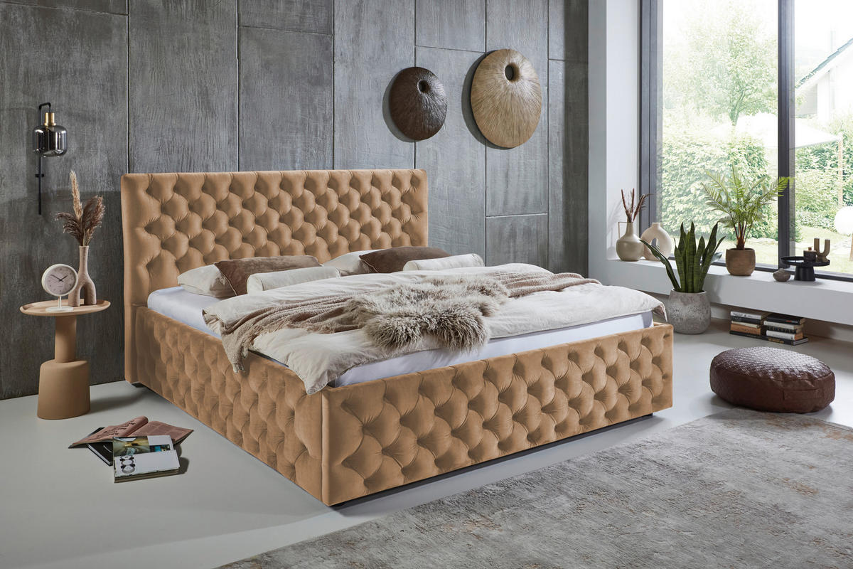 POLSTERBETT 140/200 cm,  in Hellbraun, gepolstertes Kopfteil,  - Hellbraun/Schwarz, KONVENTIONELL, Kunststoff/Textil (140/200cm) - home24