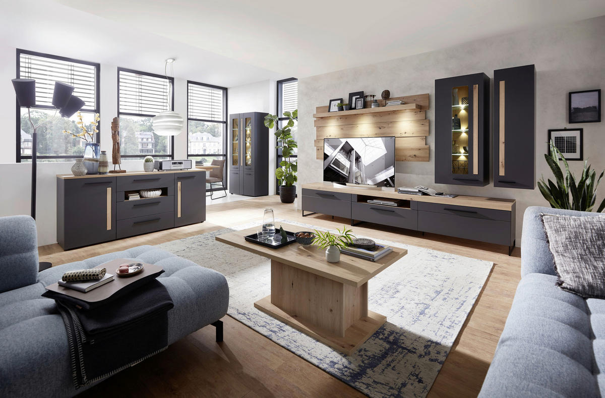 KOMODA, barve hrasta, barve grafita  - črna/barve hrasta, Moderno, umetna masa/leseni material (180/81/44cm) - Hom`in