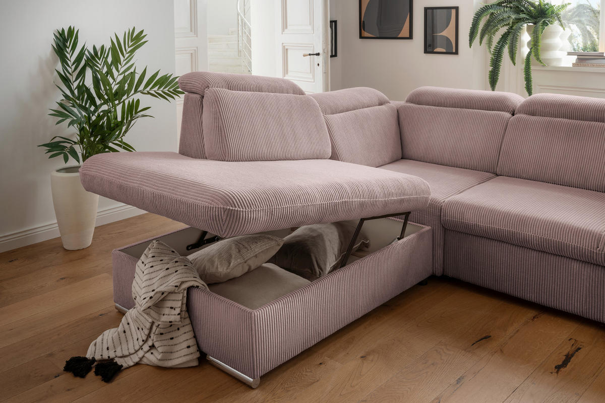 ECKSOFA in Cord Rosa  - Chromfarben/Rosa, Design, Textil/Metall (228/283cm) - Livetastic