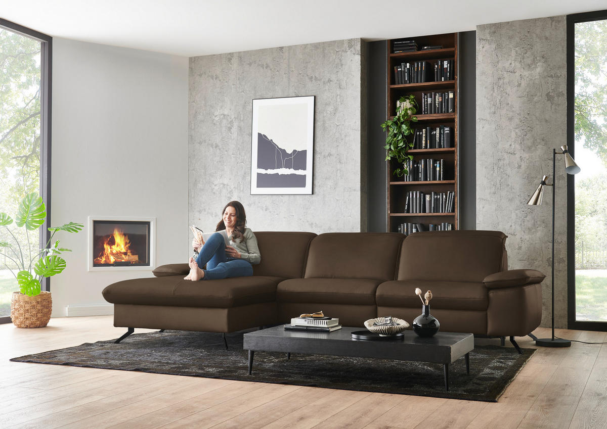 ECKSOFA  Echtleder Dunkelbraun  - Dunkelbraun/Schwarz, Design, Leder/Metall (169/307cm) - Beldomo Premium