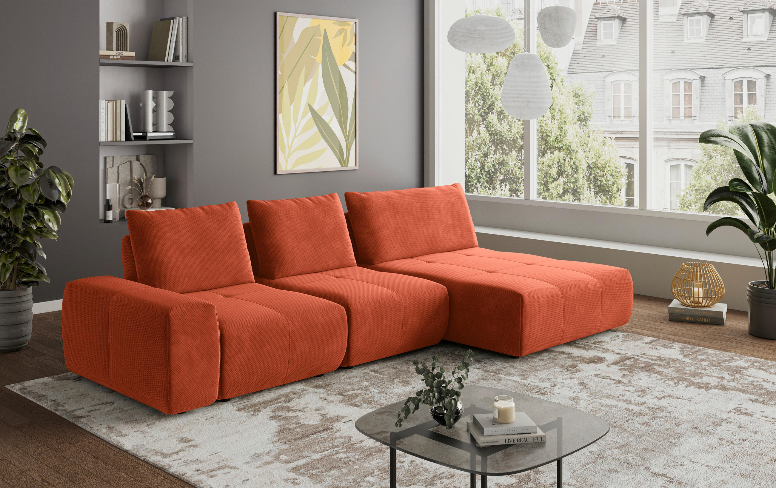 ECKSOFA in Velours Terracotta  - Terracotta/Schwarz, Design, Kunststoff/Textil (347/174cm) - Xora