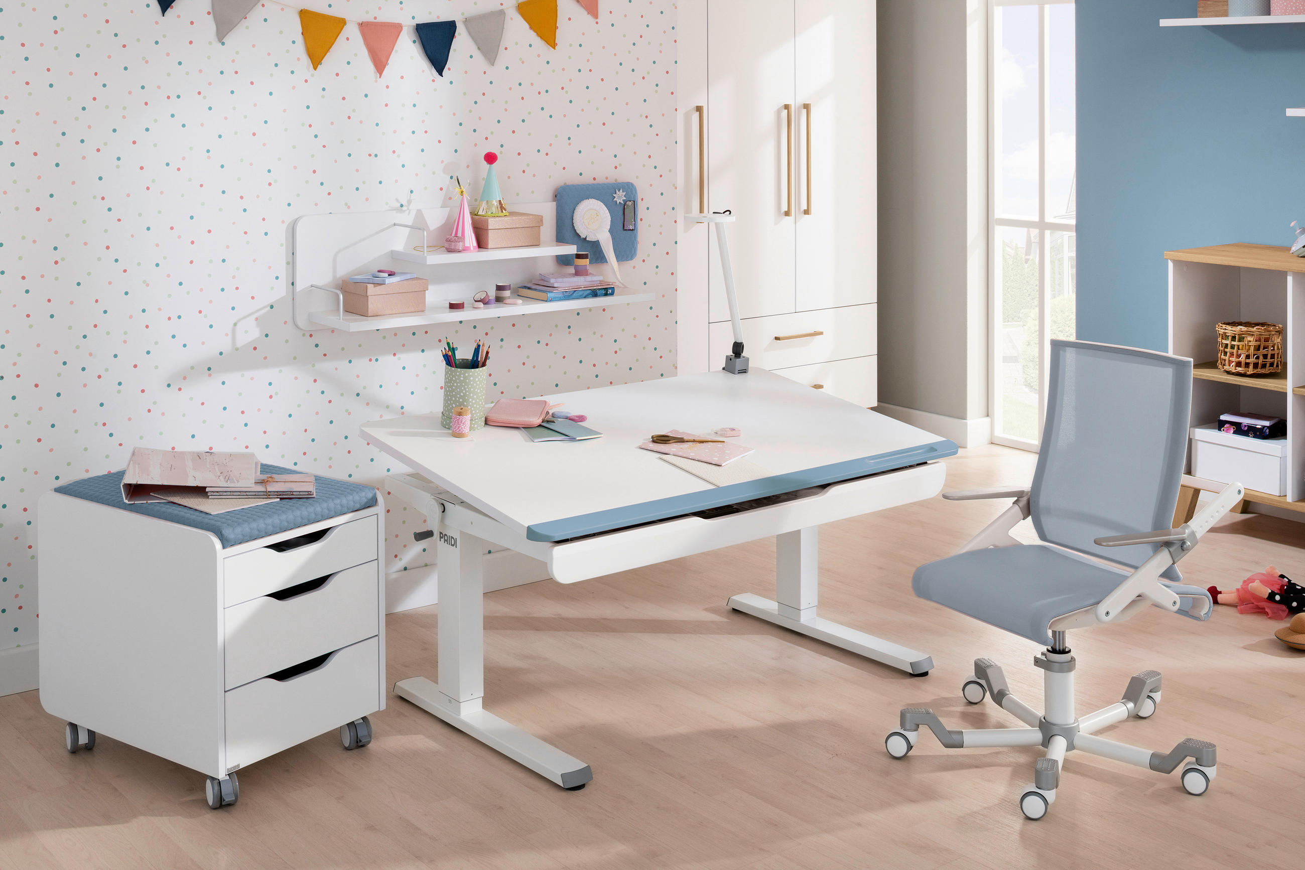JUGENDSCHREIBTISCH 120/75/53-79 cm  - Weiß/Hellblau, Basics, Holzwerkstoff/Metall (120/75/53-79cm) - Paidi