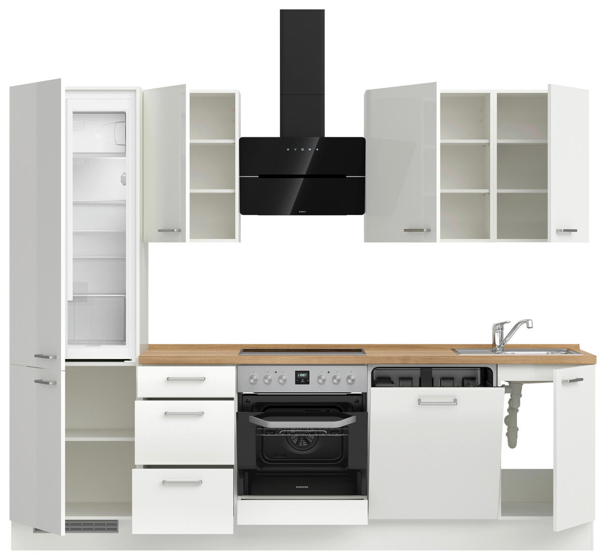 KÜCHENBLOCK 270 cm   in Eichefarben, Weiß Hochglanz  - Edelstahlfarben/Eichefarben, MODERN, Holzwerkstoff/Metall (270cm) - Nobilia