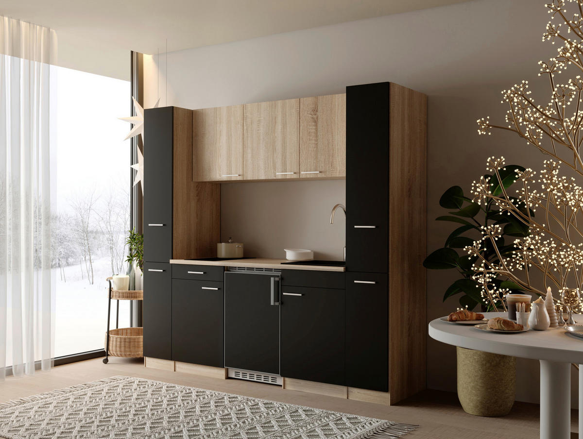 KÜCHENBLOCK Ingrid 210 cm  in Schwarz  - Eichefarben/Alufarben, Design, Holzwerkstoff/Kunststoff (210cm) - Respekta