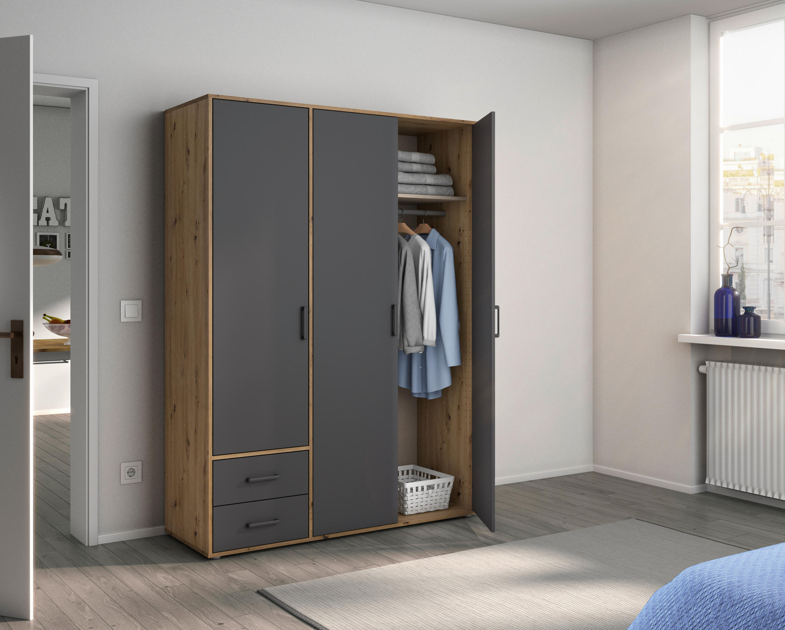 DREHTÜRENSCHRANK in Grau, Eiche Artisan  - Eiche Artisan/Grau, Modern, Holzwerkstoff/Kunststoff (140/194/53cm) - Rauch Möbel