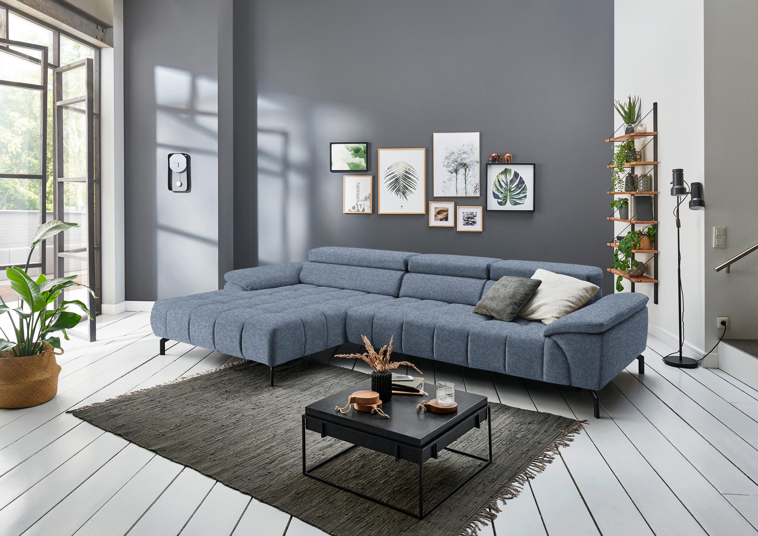 ECKSOFA in Webstoff Hellblau  - Schwarz/Hellblau, Design, Textil/Metall (190/329cm) - Beldomo Style