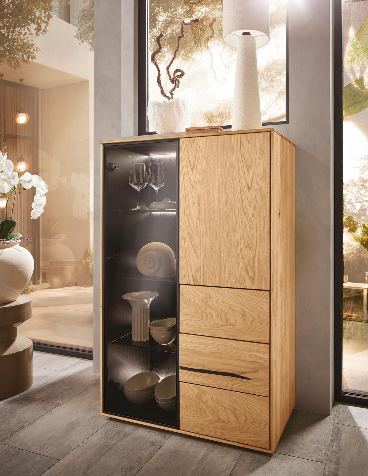 HIGHBOARD  in 83/129/40 cm  - Eichefarben/Schwarz, Natur, Glas/Holz (83/129/40cm) - Waldwelt