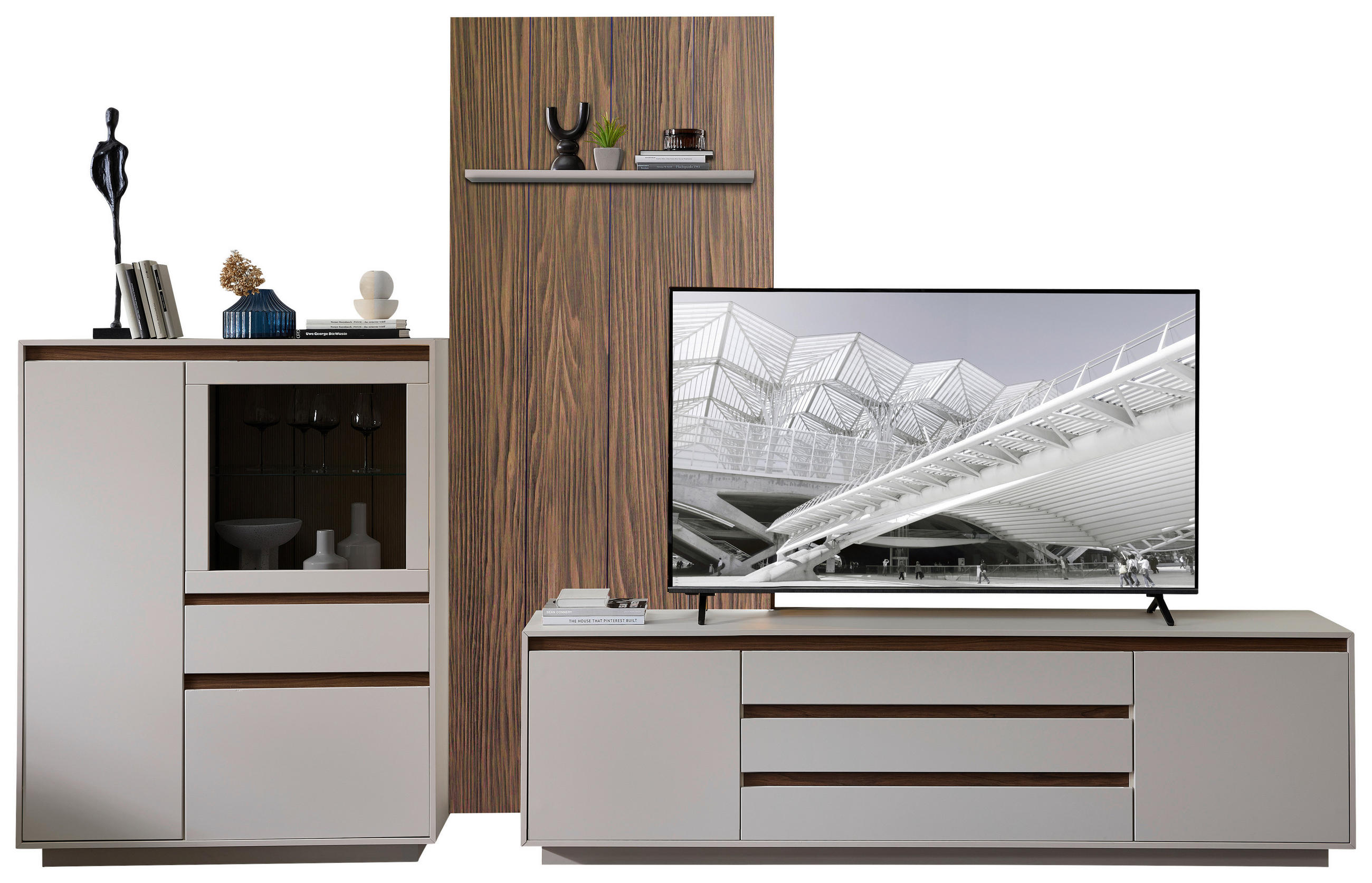 ANSAMBLU MOBILIER CAMERA DE Z in culoare lemn de nuc, cașmir  - cașmir/culoare lemn de nuc, Design, sticlă/material pe bază de lemn (354/232/45cm) - Stylife
