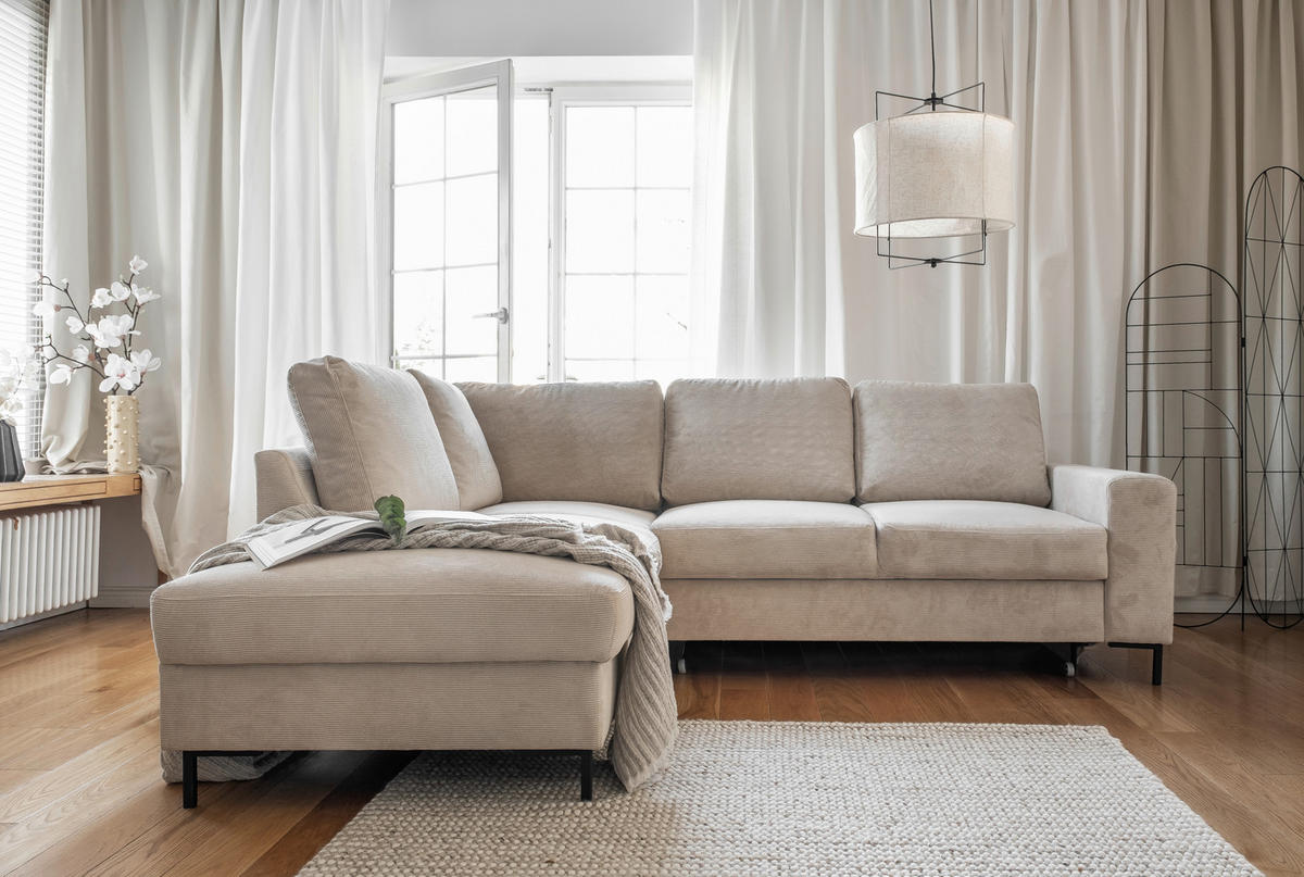 ECKSOFA in Cord Beige  - Beige/Schwarz, Design, Textil/Metall (197/237cm) - MID.YOU