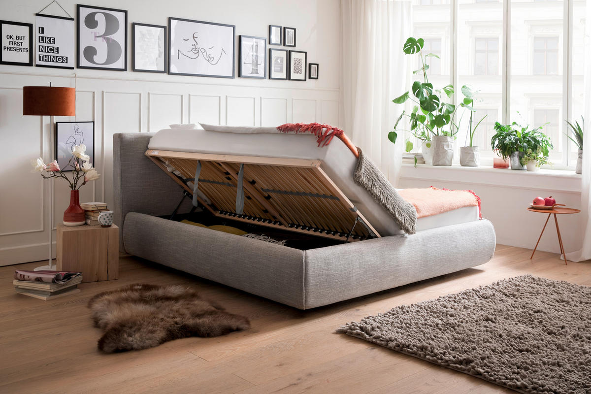 POLSTERBETT 180/200 cm,  in Hellgrau, Bettkasten, Lattenrost,  - Hellgrau/Naturfarben, MODERN, Holz/Textil (180/200cm) - Livetastic