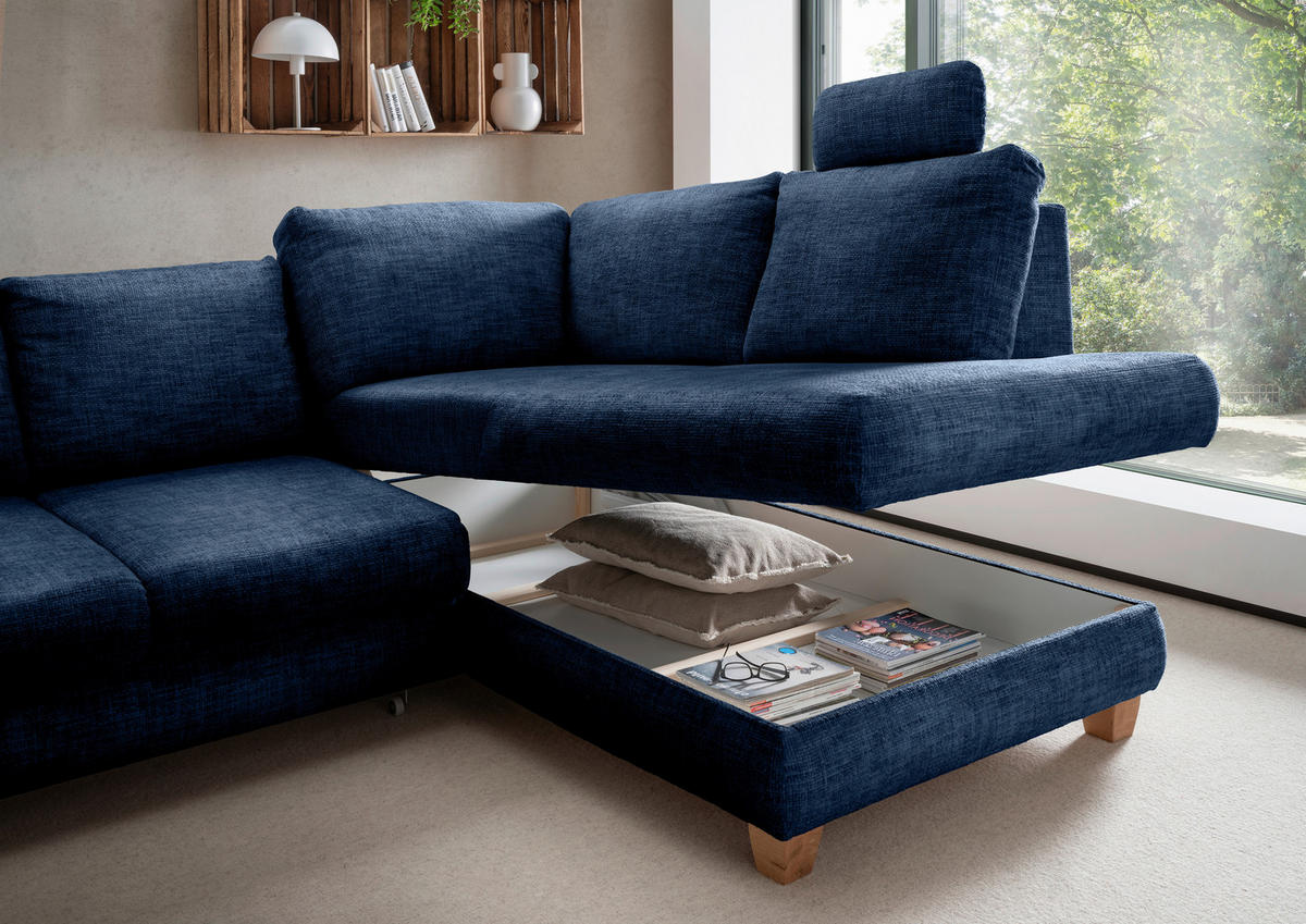 ECKSCHLAFSOFA  mit Liegefunktion, Rücken echt, Armteil links Struktur Blau  - Wildeiche/Blau, MODERN, Holz/Textil (265/206cm) - Livetastic