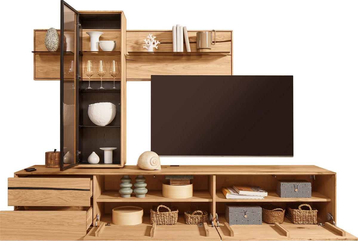 WOHNWAND 3-teilig  in Braun, Schwarz, Eichefarben  280/195/50 cm  - Eichefarben/Schwarz, Natur, Glas/Holz (280/195/50cm) - Waldwelt