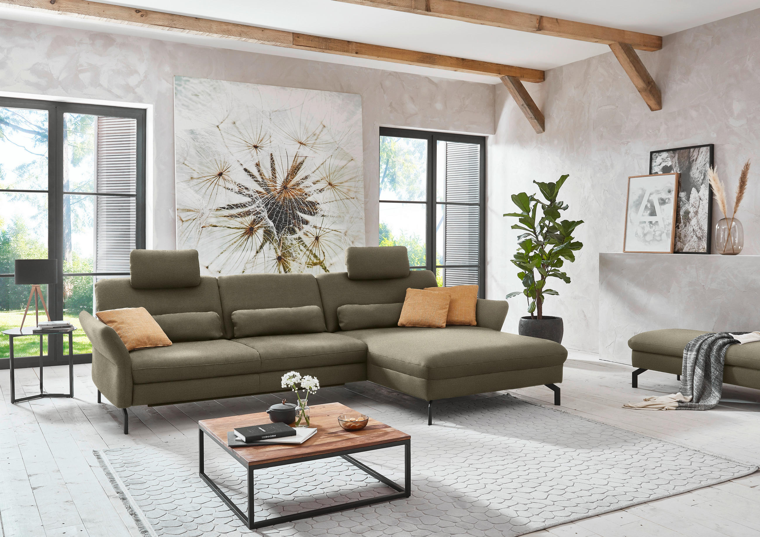 ECKSOFA in Velours Olivgrün  - Schwarz/Olivgrün, Design, Textil/Metall (306/179cm) - Beldomo System