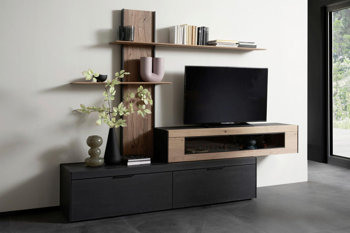 WOHNWAND YORIS  in Anthrazit, Eichefarben  300/205/49 cm  - Eichefarben/Anthrazit, KONVENTIONELL, Glas/Holz (300/205/49cm) - Schöner Wohnen