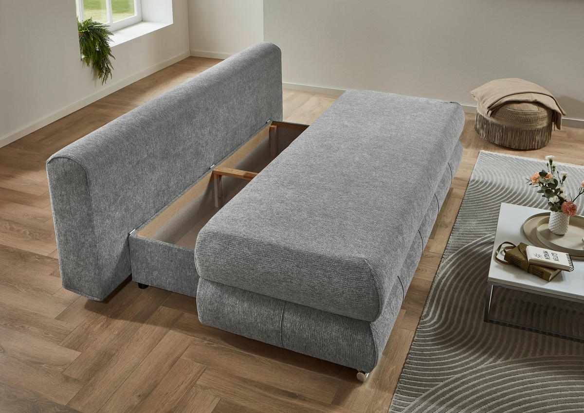SCHLAFSOFA Webstoff Silberfarben  inkl. Rückenkissen, Armlehnenkissen, Bettkasten, Schlaffunktion, Rücken echt, Liegefläche im Originalstoff  - Edelstahlfarben/Silberfarben, KONVENTIONELL, Textil/Metall (199/95/97cm) - Carryhome