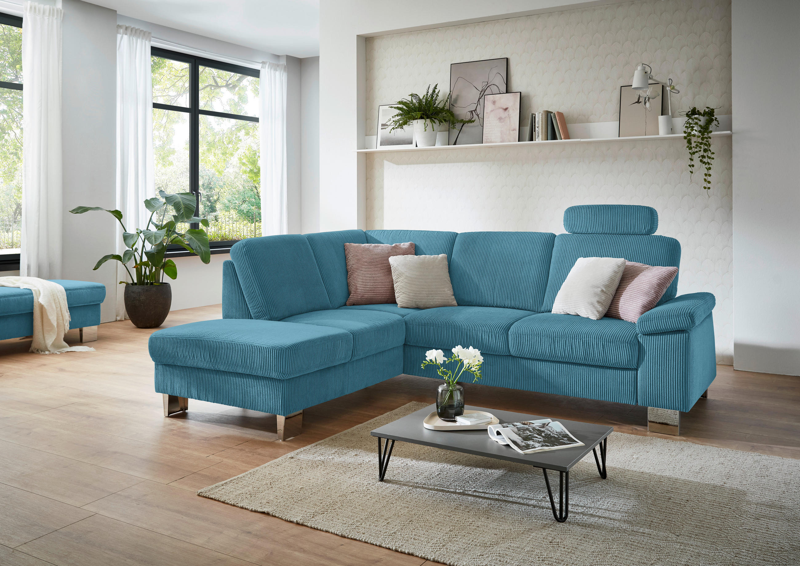 ECKSOFA in Cord Petrol  - Edelstahlfarben/Petrol, Konventionell, Textil/Metall (200/248cm) - Beldomo System