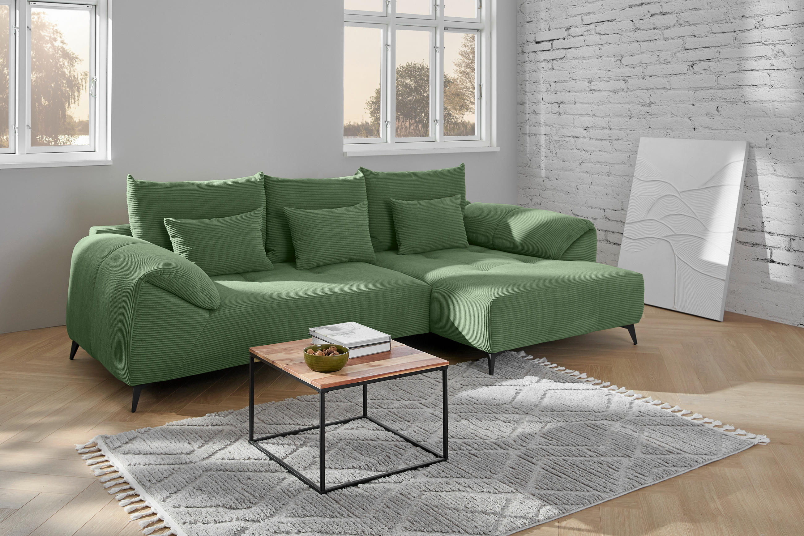 ECKSOFA in Cord Olivgrün  311/176 cm  - Schwarz/Olivgrün, KONVENTIONELL, Textil/Metall (311/176cm) - Carryhome